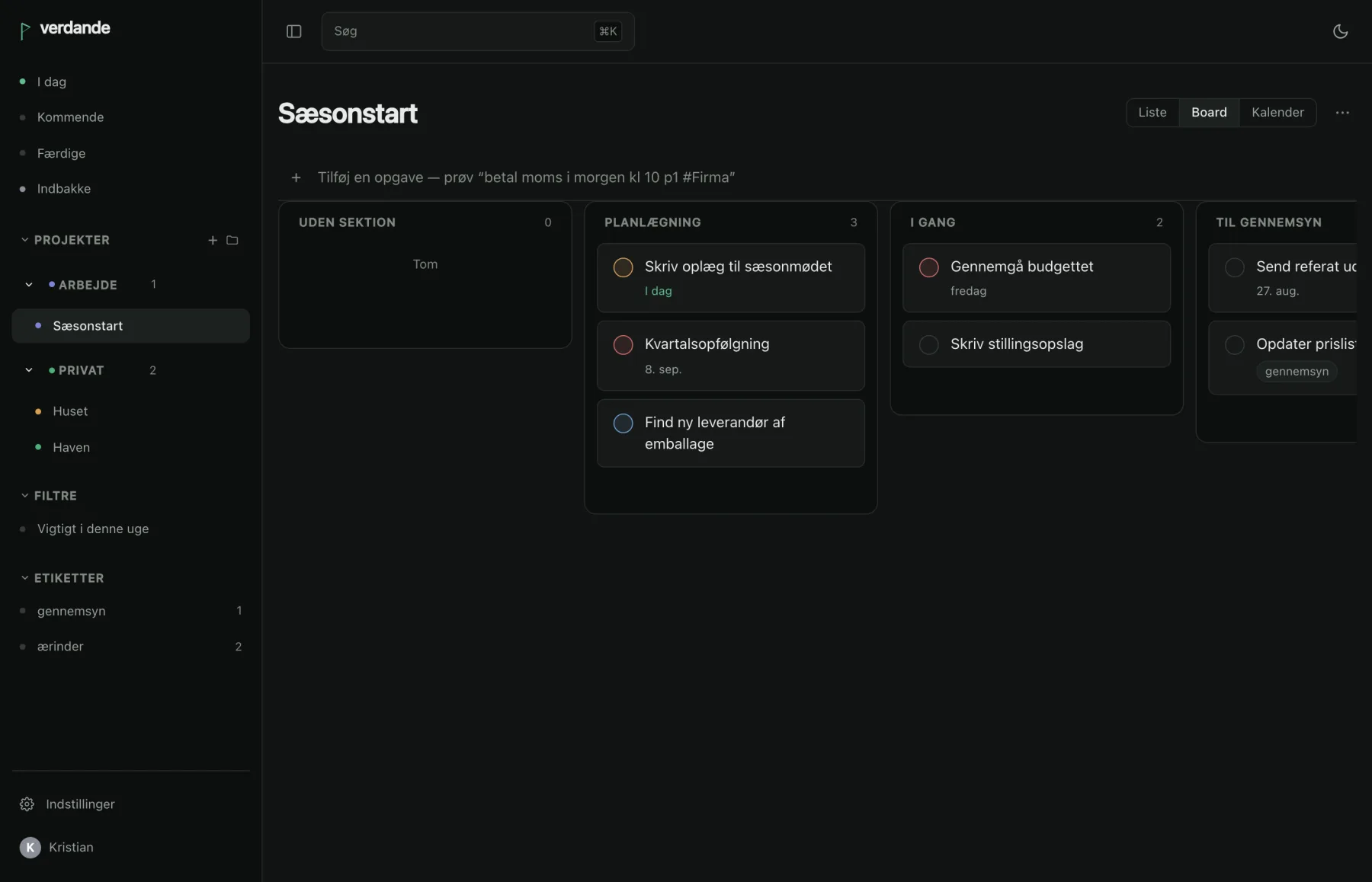A project in board view: one column per section, with task cards showing due dates, labels and repetition.