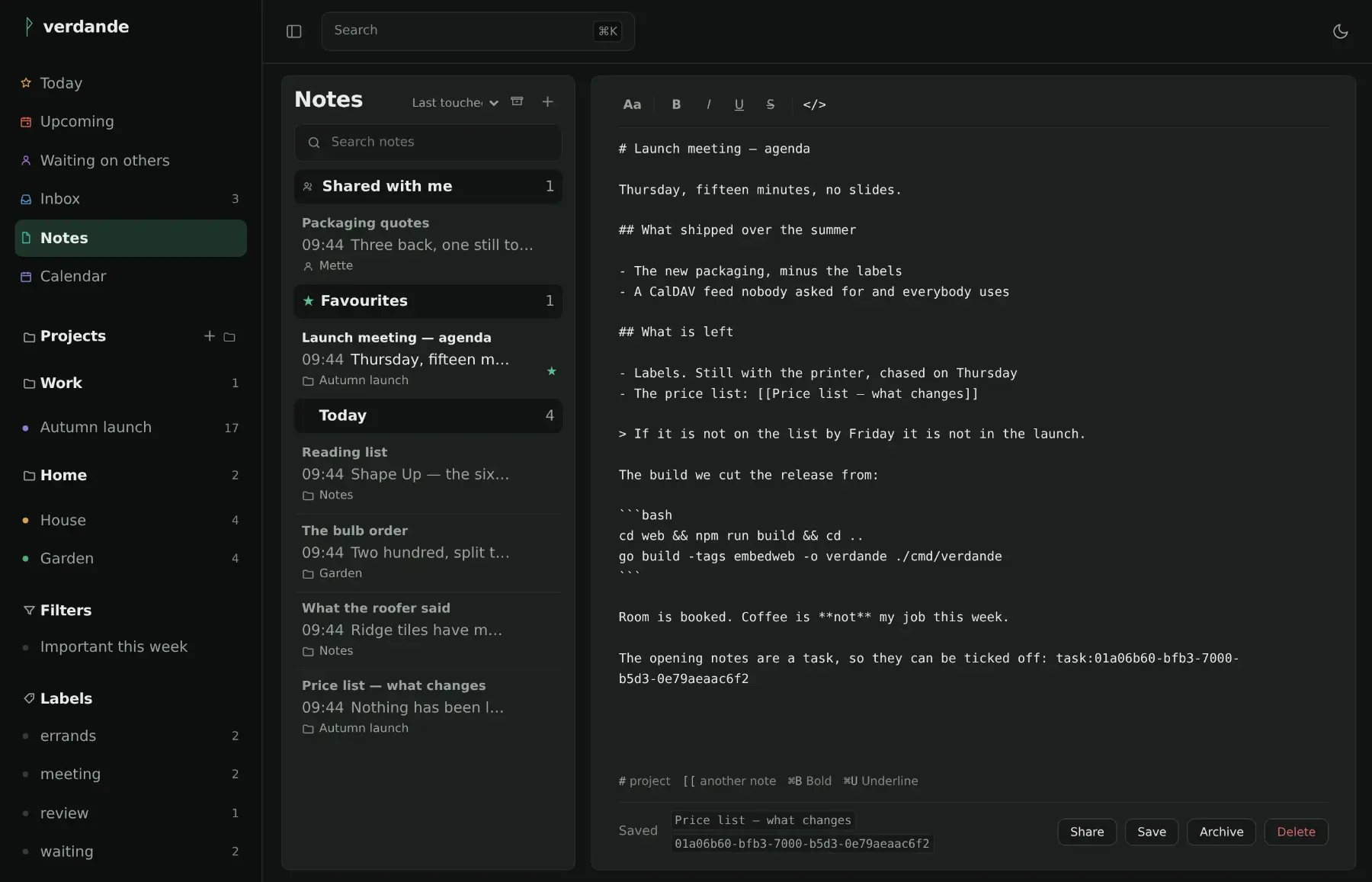 A note with the source view open: the same note as Markdown, with headings, a list, a quotation, a wiki link and a fenced code block.