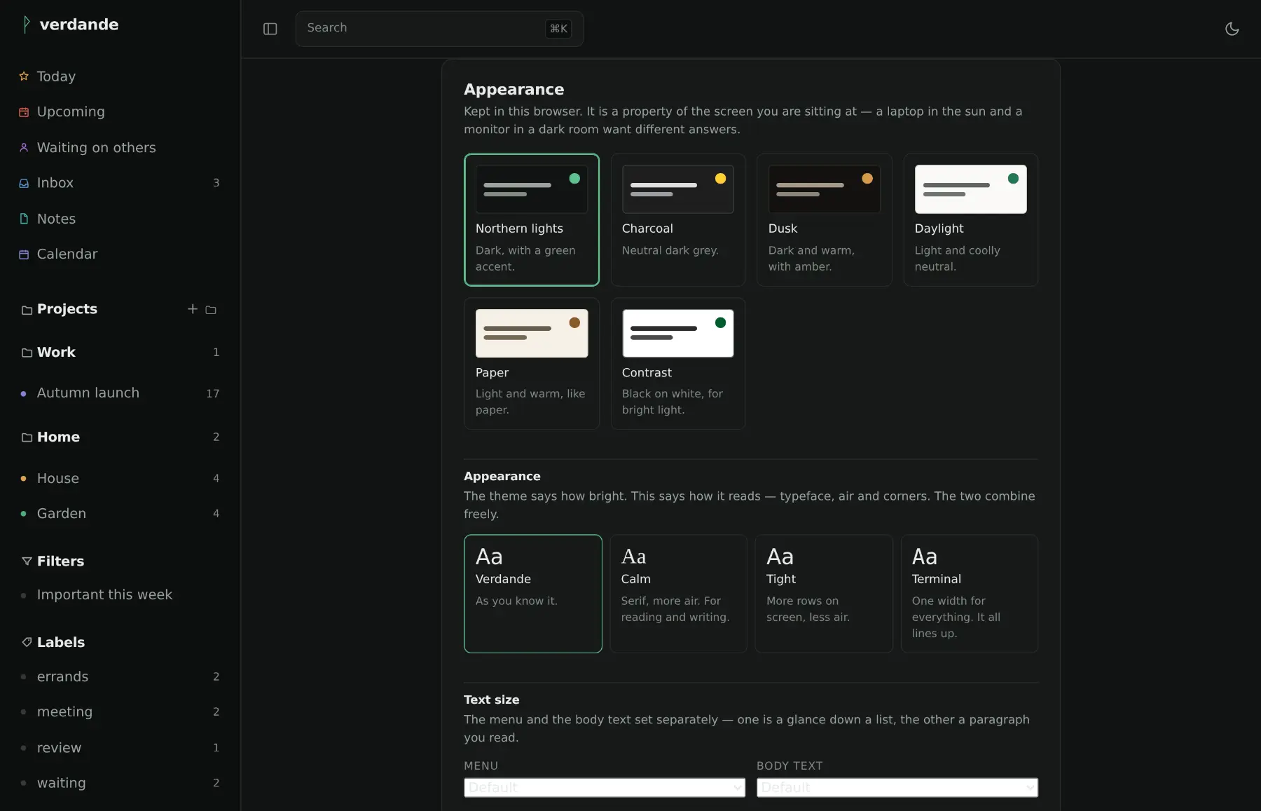 The settings page showing six themes as swatches and, below them, four looks written in the typeface each one selects.