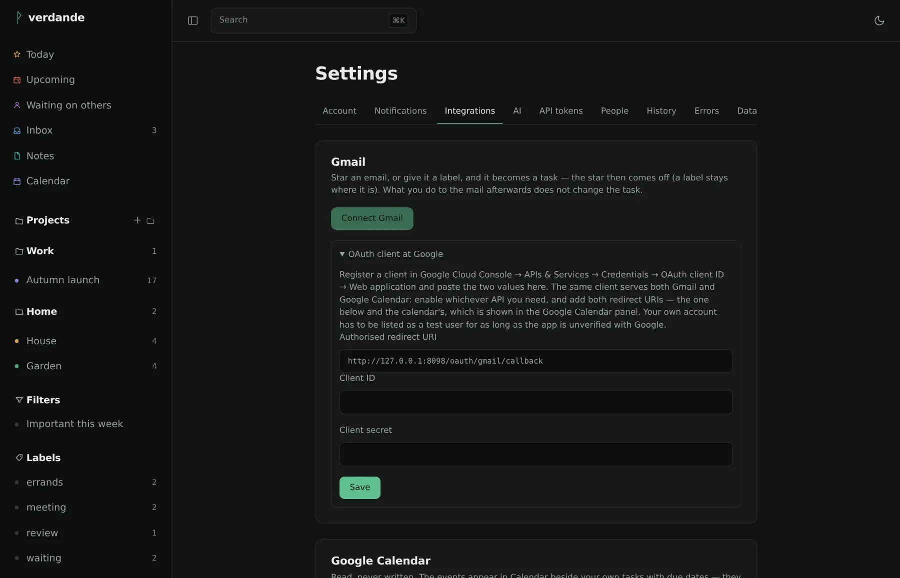 The integrations settings page: connecting Gmail with an OAuth client, and below it the calendar feed address.