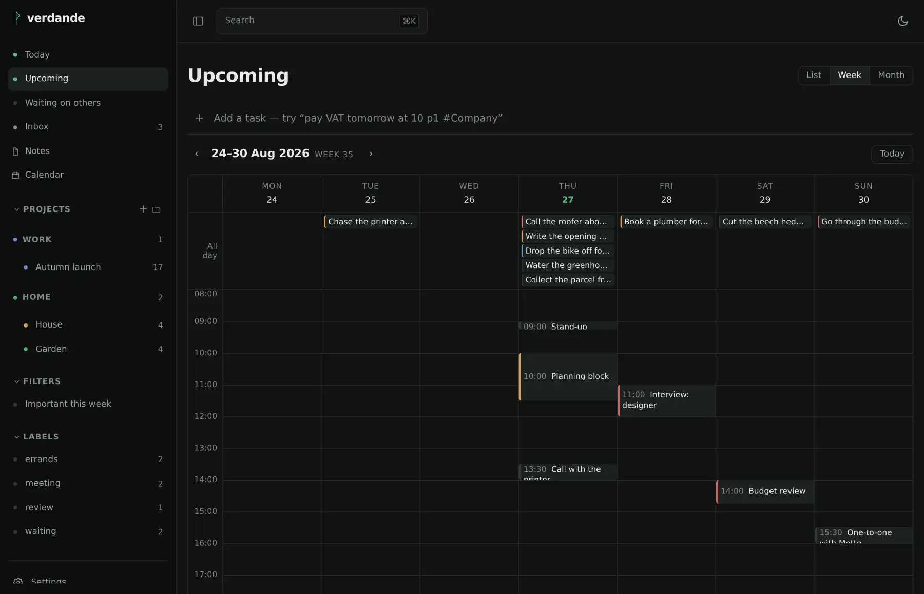 Upcoming as a single week: seven columns of days, each holding the tasks due that day.