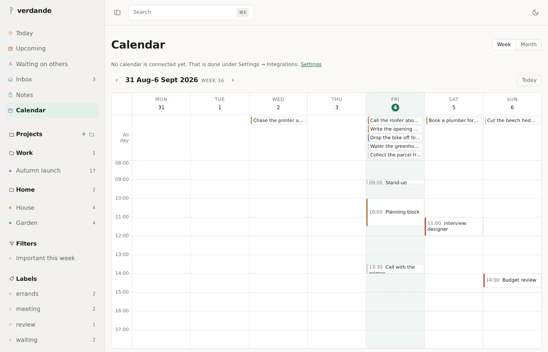 A week in the calendar: timed tasks drawn to their length, a fifteen-minute stand-up short and a ninety-minute planning block tall, each on the day and at the time it is due.