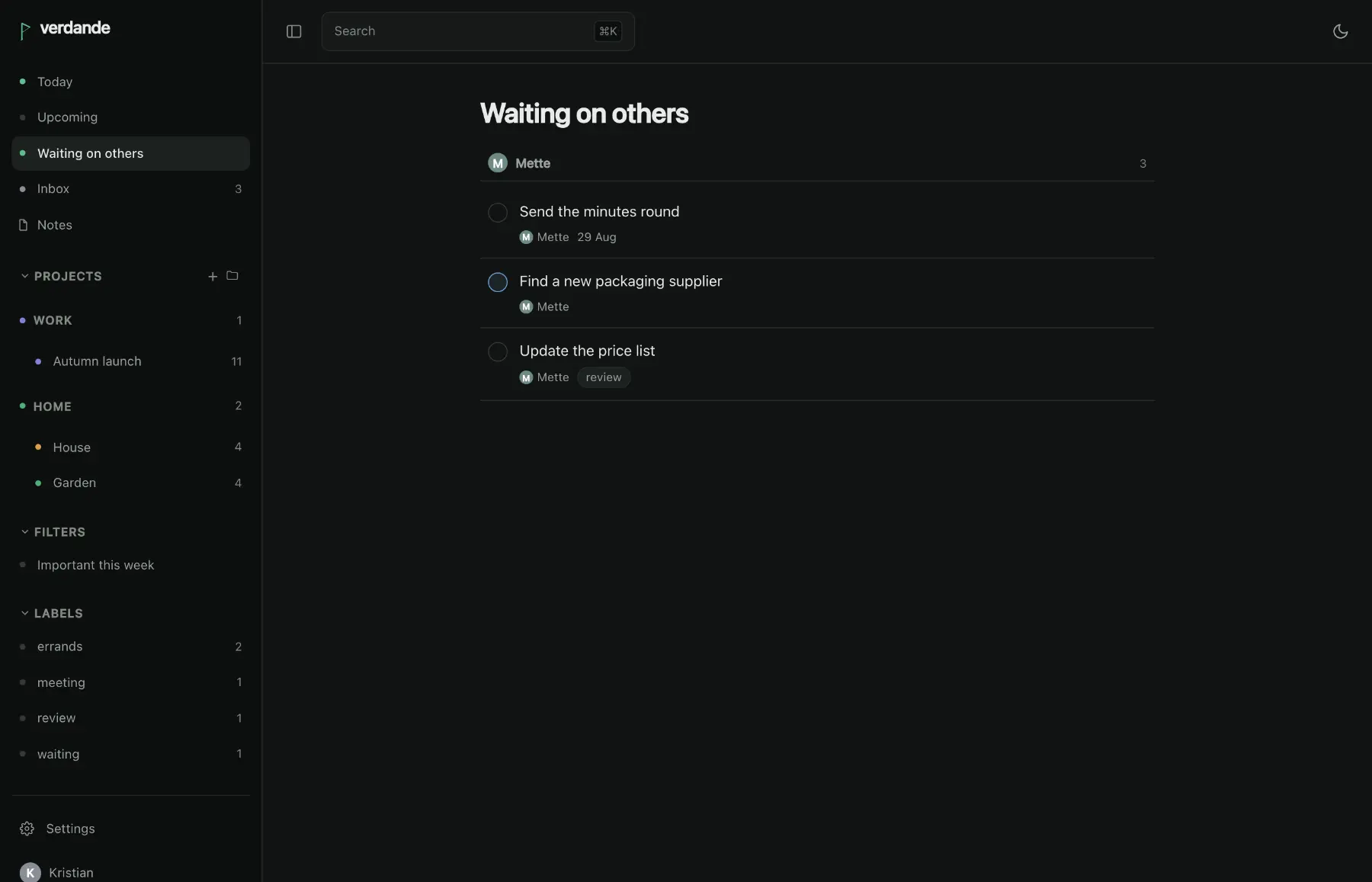 Waiting on others: tasks that have been handed to somebody else, grouped under the person who has them.