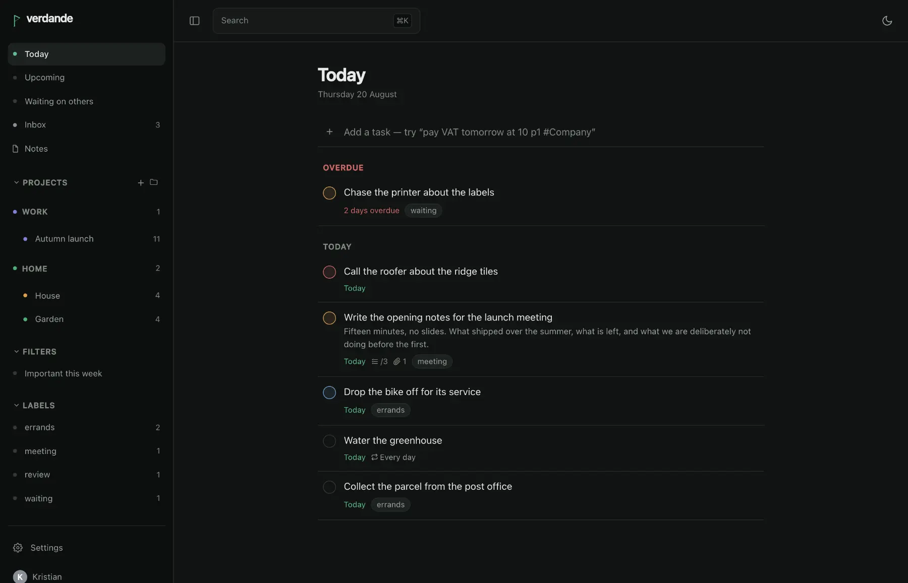 The Today view: a sidebar of projects, filters and labels beside a list of tasks due today, each with its priority ring, time and labels.