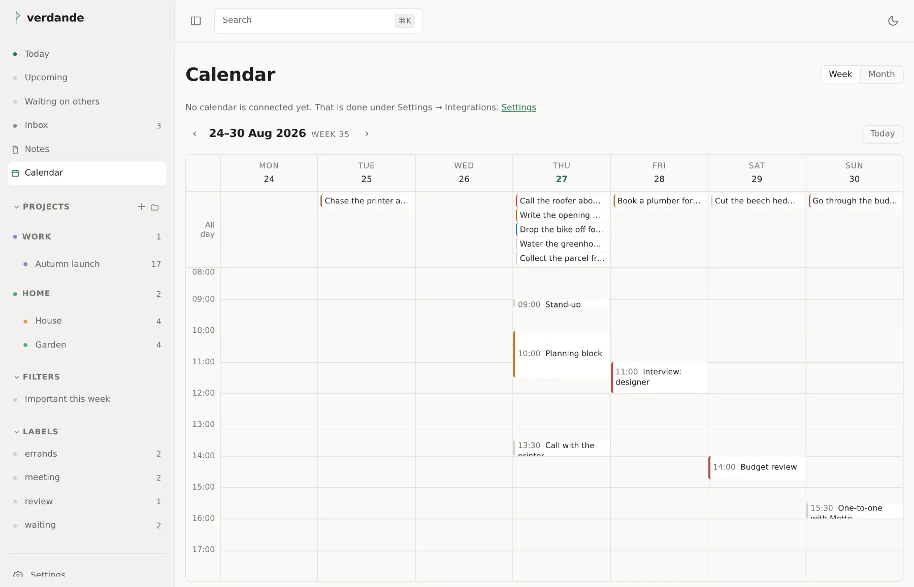 A week in the calendar: timed tasks drawn to their length, a fifteen-minute stand-up short and a ninety-minute planning block tall, each on the day and at the time it is due.