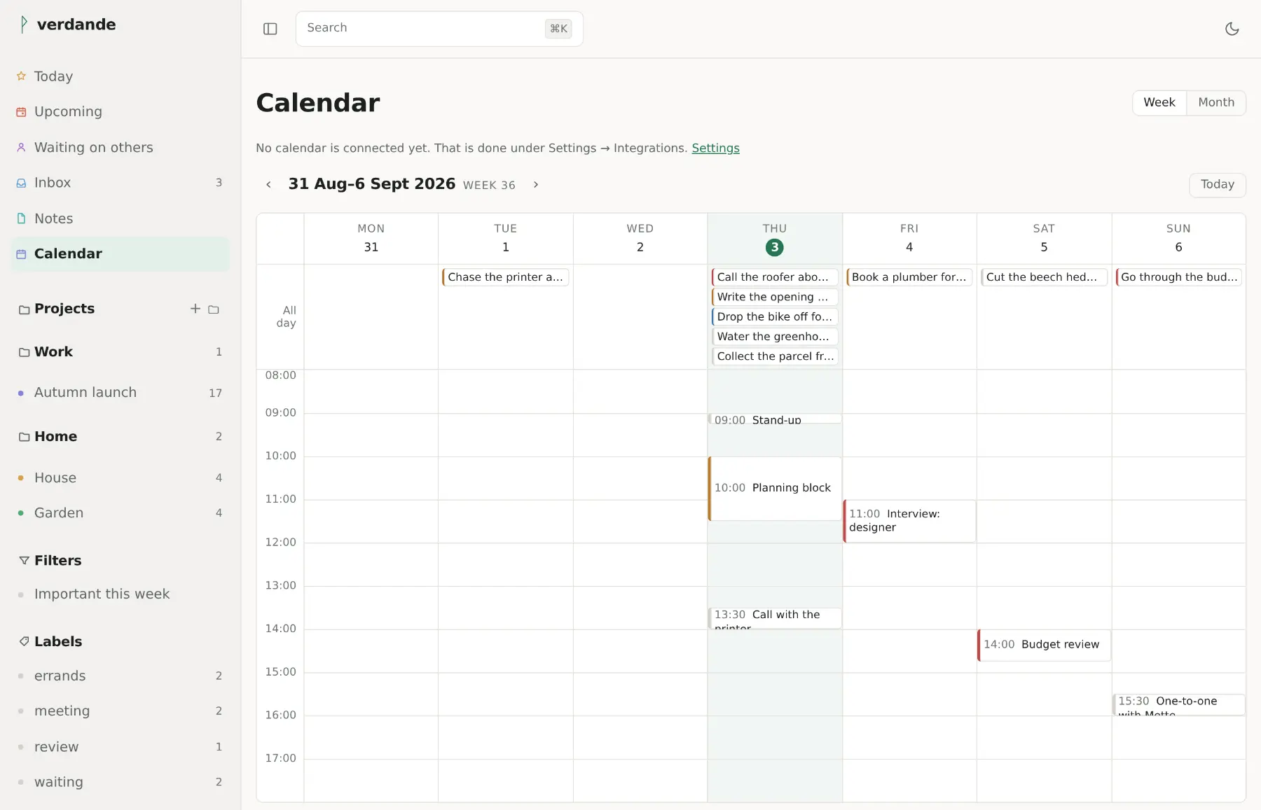 A week in the calendar: timed tasks drawn to their length, a fifteen-minute stand-up short and a ninety-minute planning block tall, each on the day and at the time it is due.