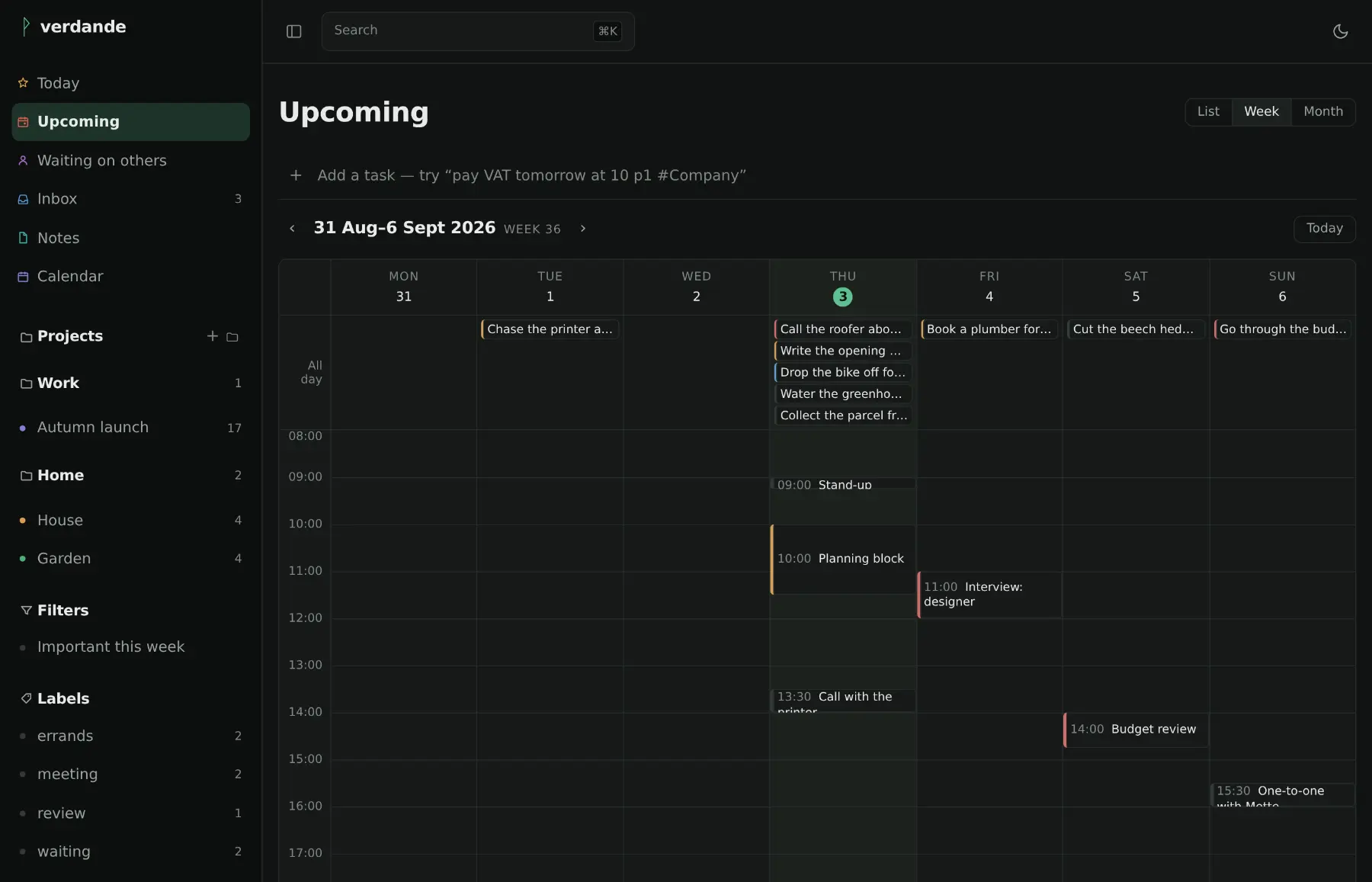 Upcoming as a single week: seven columns of days, each holding the tasks due that day.