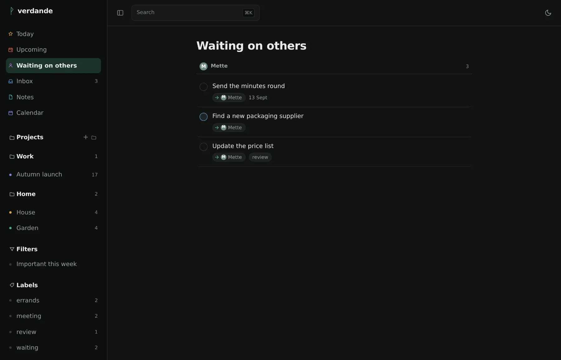 Waiting on others: tasks that have been handed to somebody else, grouped under the person who has them, each row carrying an arrow to that person.