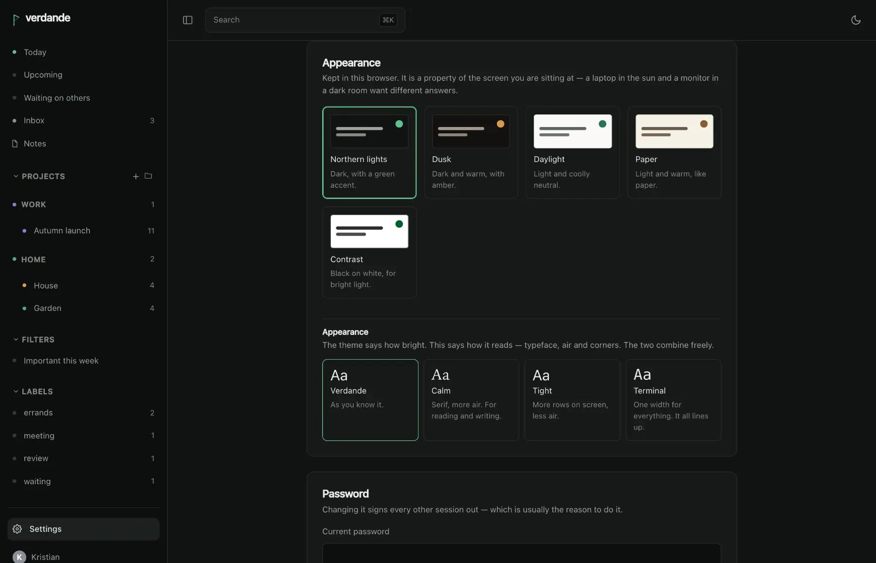 The settings page showing five themes as swatches and, below them, four looks written in the typeface each one selects.