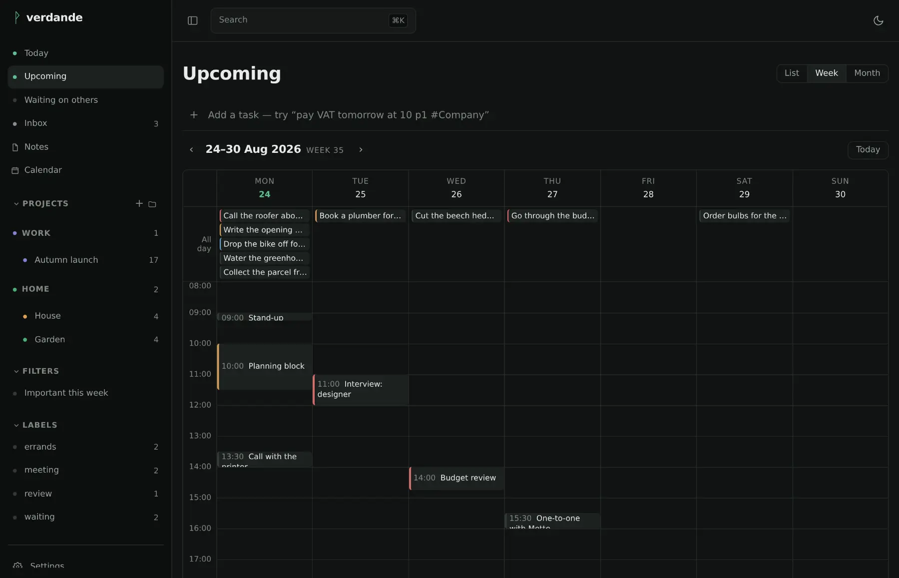 Upcoming as a single week: seven columns of days, each holding the tasks due that day.