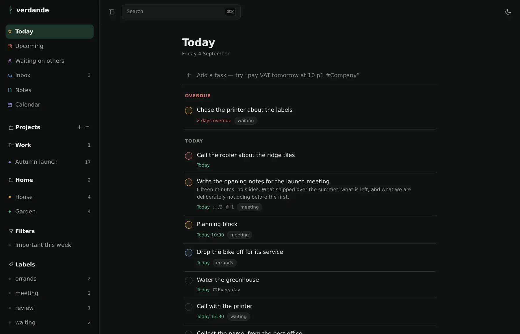 The Today view: a sidebar of projects, filters and labels beside a list of tasks due today, each with its priority ring, time and labels.