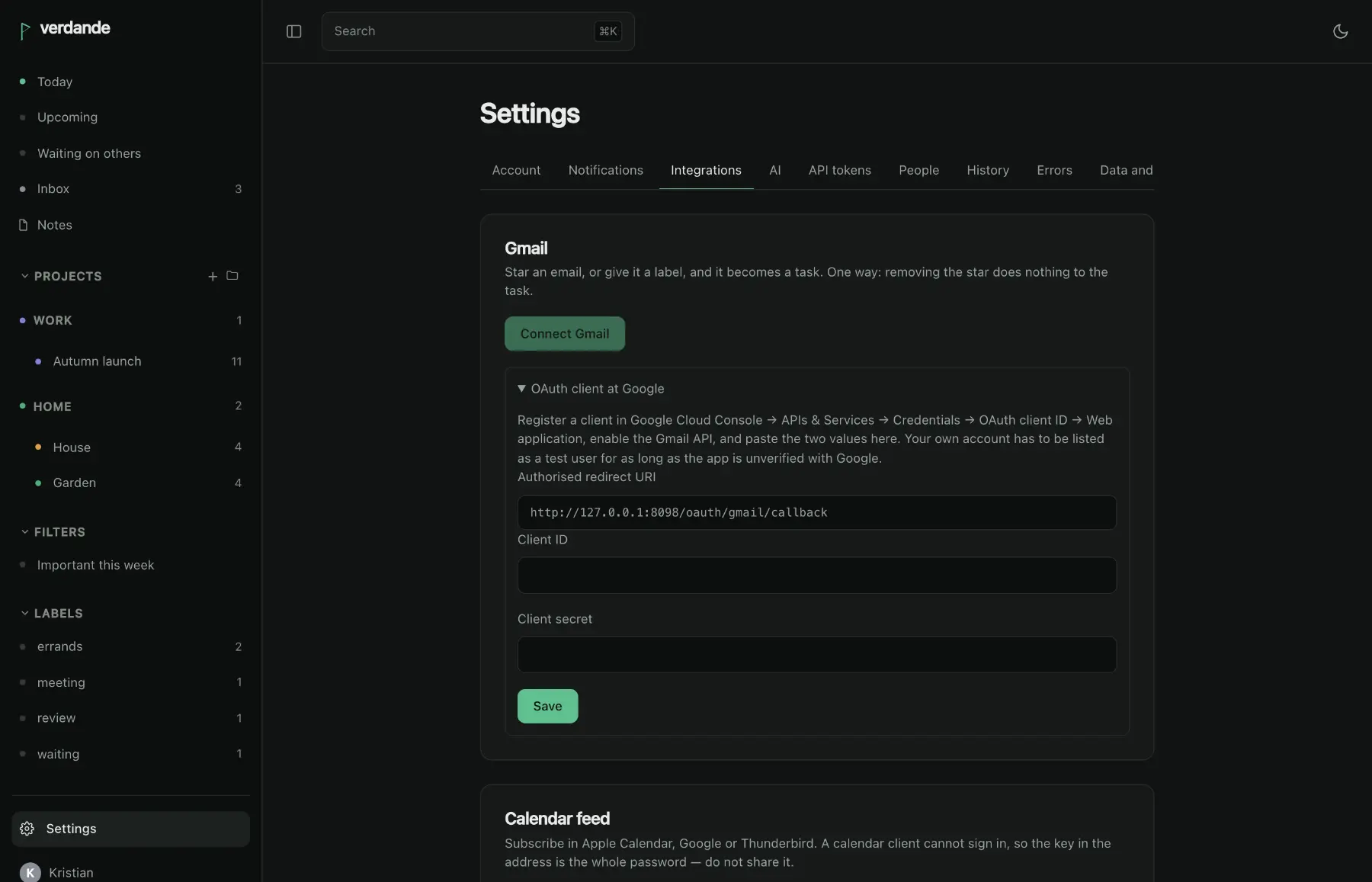 The integrations settings page: connecting Gmail with an OAuth client, and below it the calendar feed address.