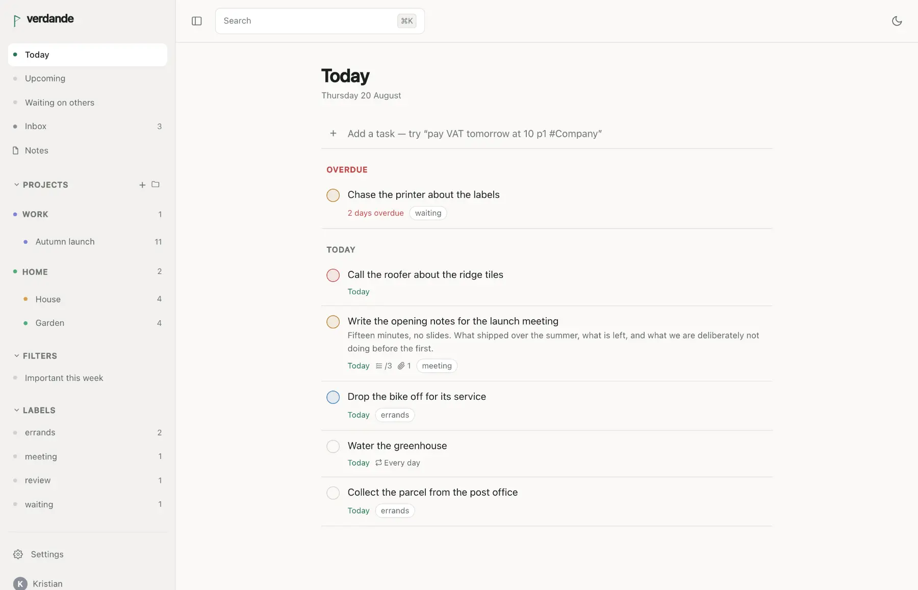 The Today view in the light theme: a sidebar of projects, filters and labels beside a list of tasks due today.