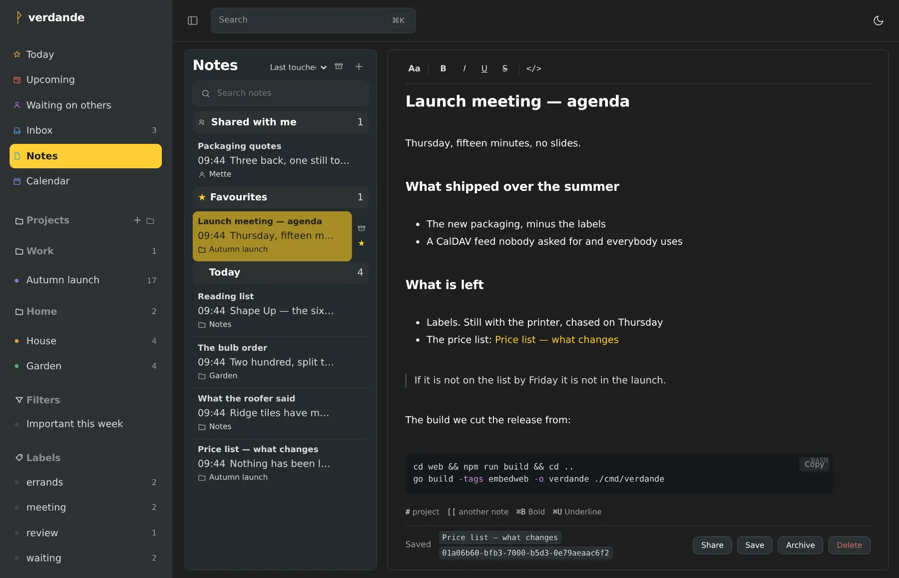 Notes in the Charcoal theme: a warm near-black modelled on Apple Notes, the note list on the left and a note open on the right, with amber where the accent green usually is.