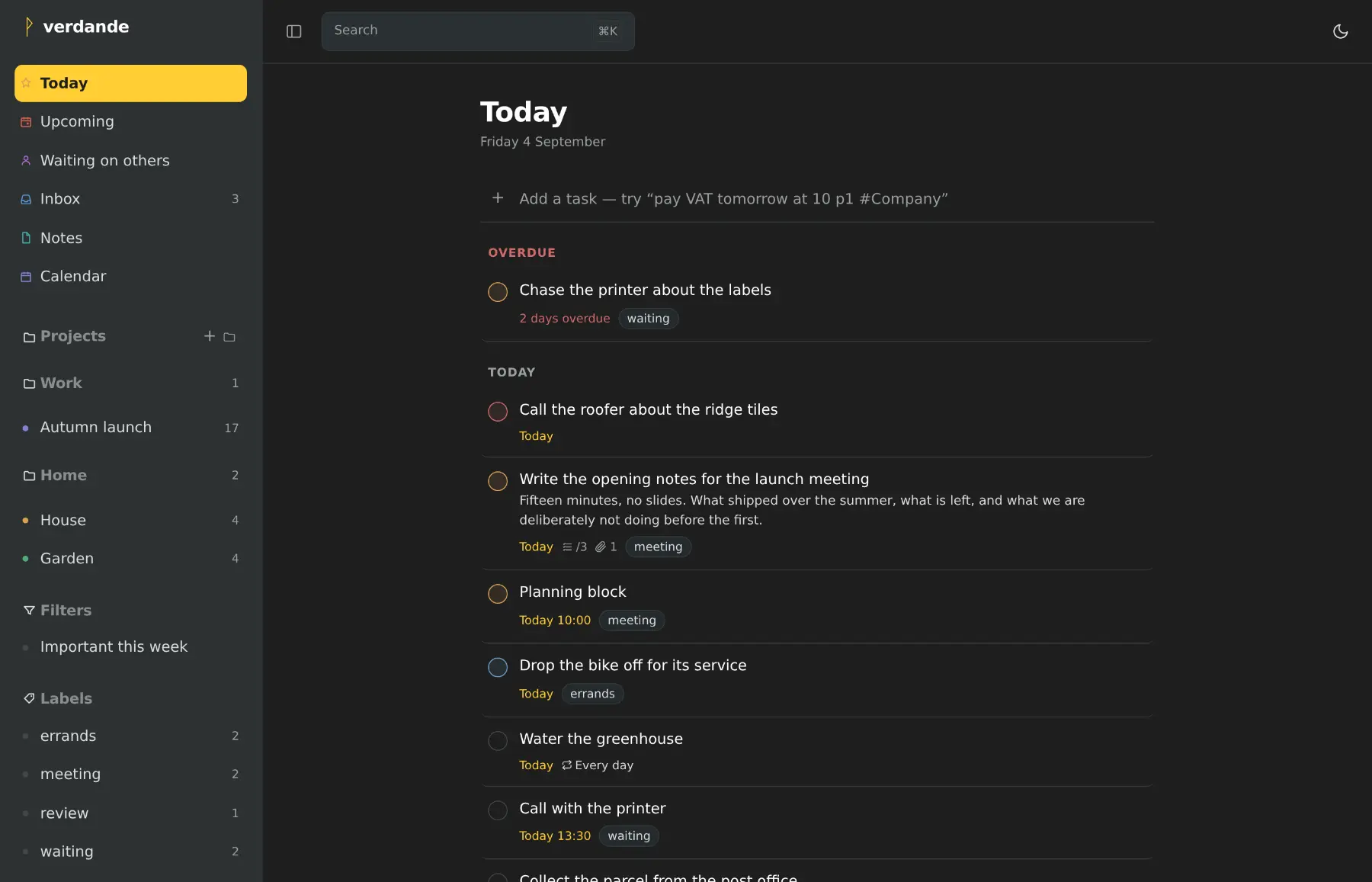 The Today view in the Charcoal theme: a warm near-black modelled on Apple Notes, with amber for the accent.
