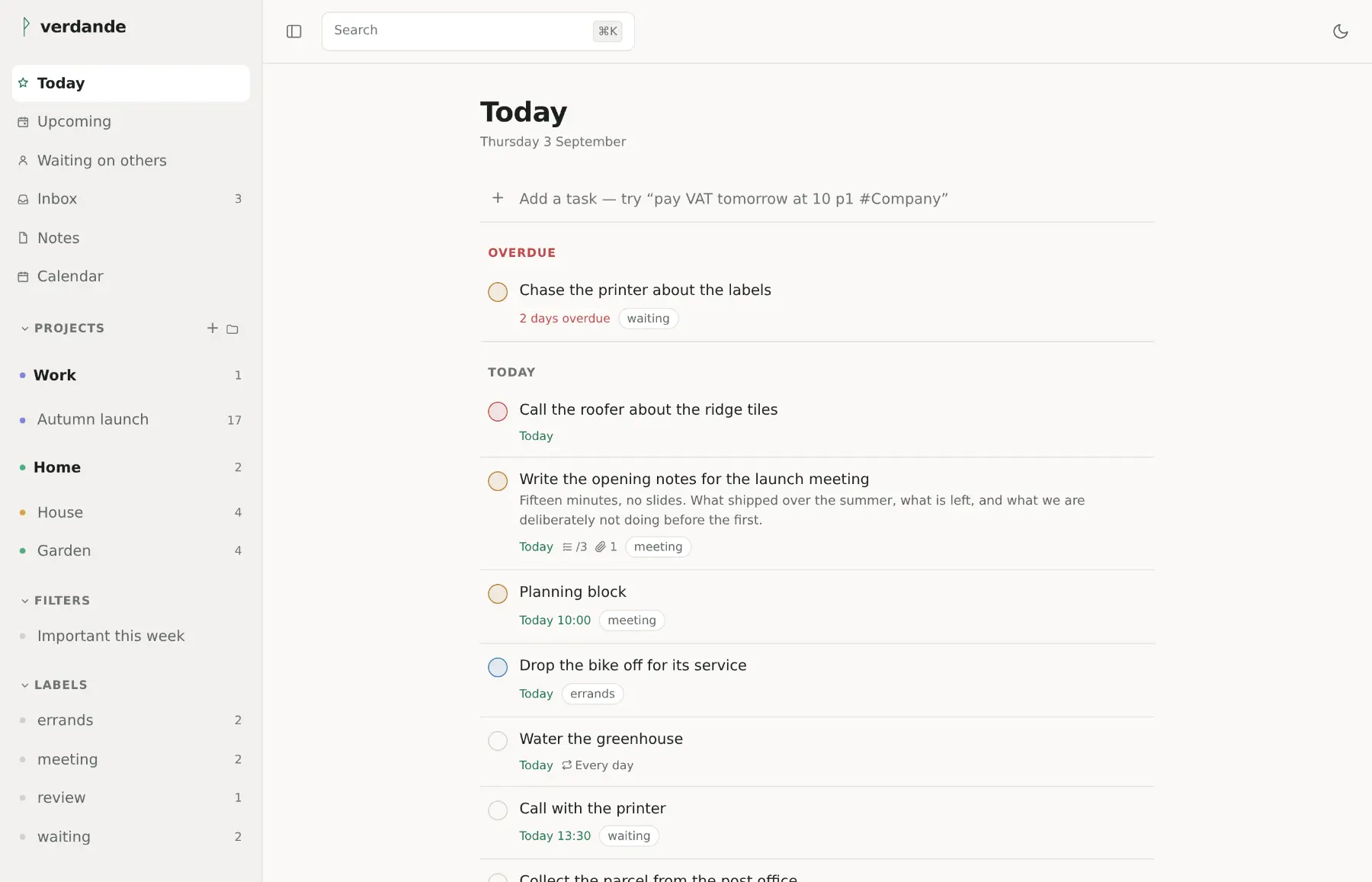 The Today view in the light theme: a sidebar of projects, filters and labels beside a list of tasks due today.