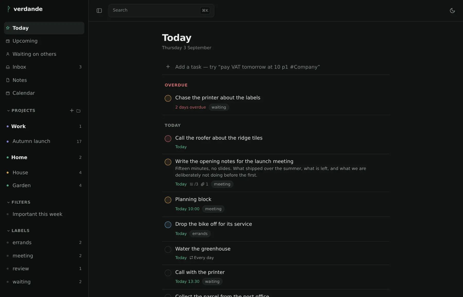 The Today view: a sidebar of projects, filters and labels beside a list of tasks due today, each with its priority ring, time and labels.