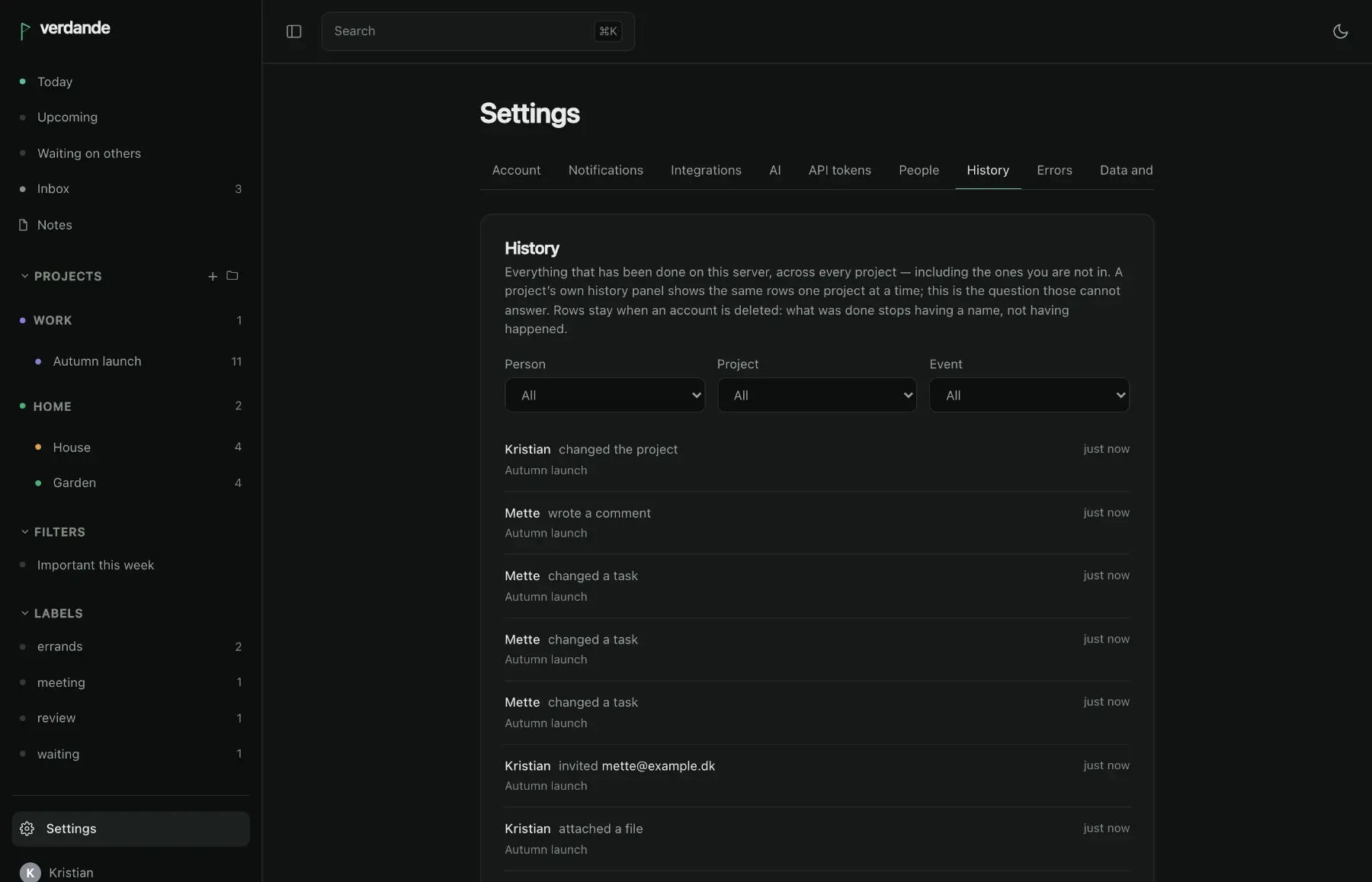 The instance-wide history page: who did what, in which project, filtered by person and event.