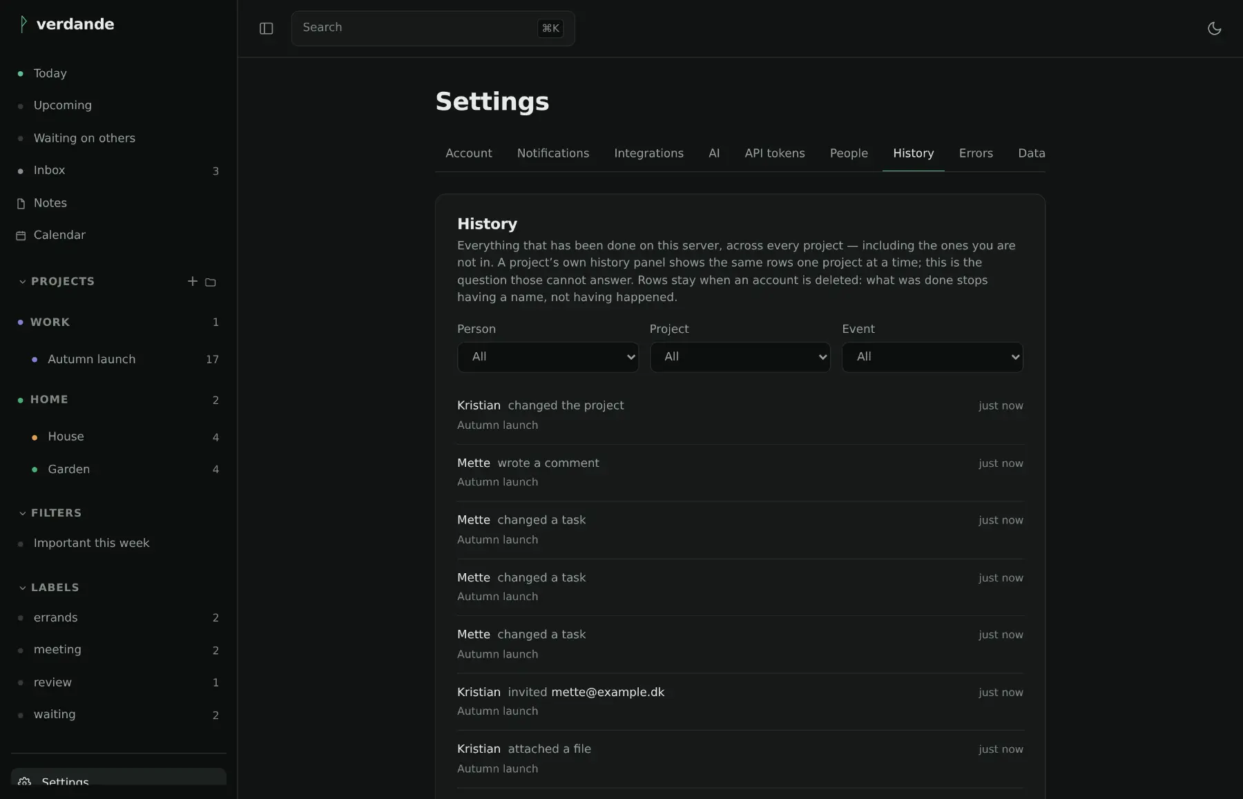 The instance-wide history page: who did what, in which project, filtered by person and event.