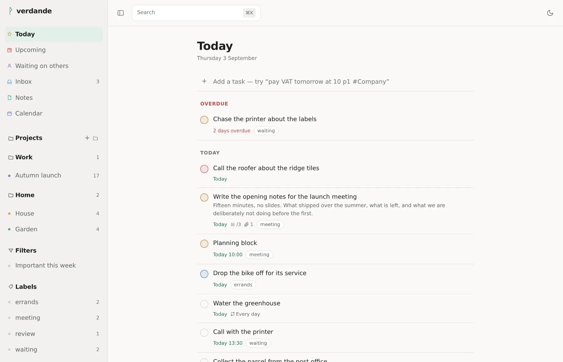 The Today view in the light theme: a sidebar of projects, filters and labels beside a list of tasks due today.