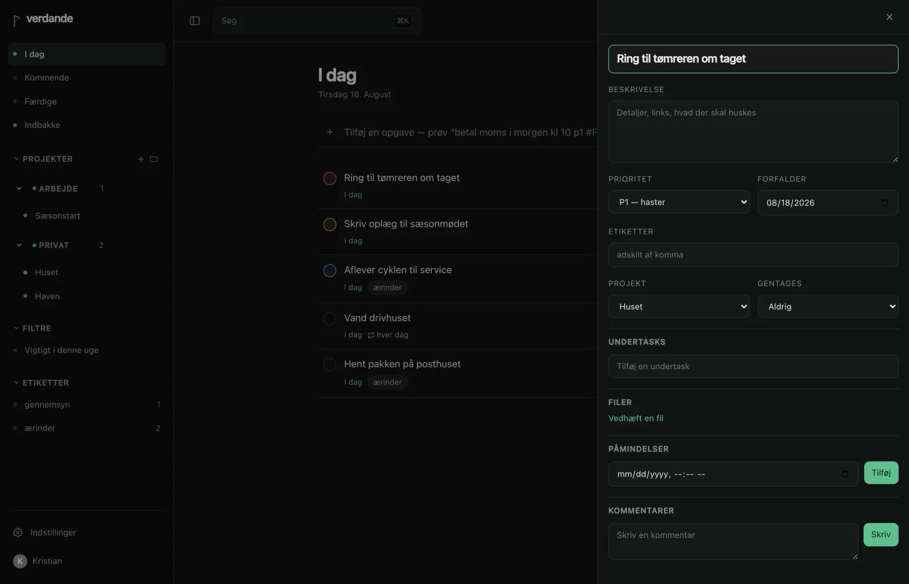 A task open in the detail drawer, with its description, due date, labels, sub-tasks and comments.