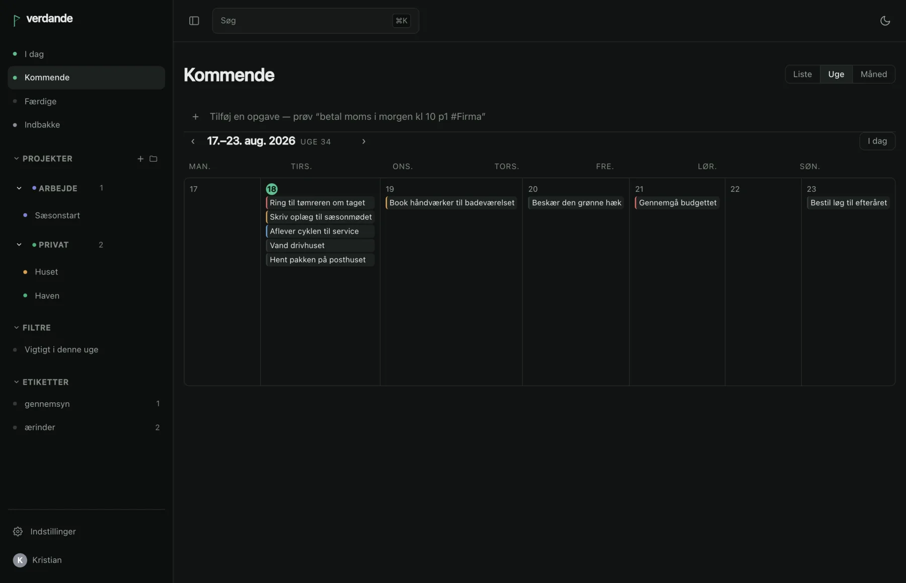 Upcoming as a single week: seven columns of days, each holding the tasks due that day.