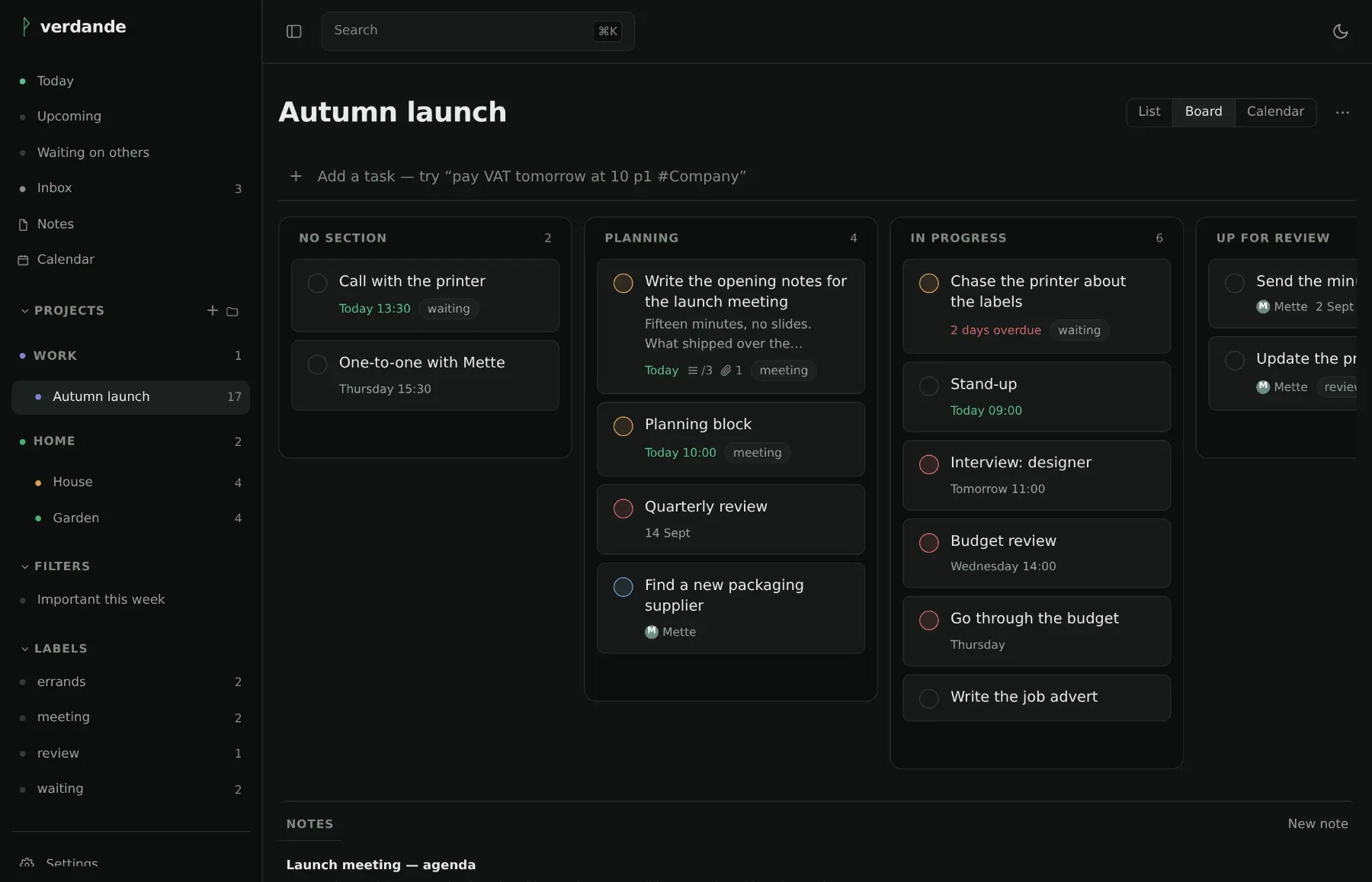 A project in board view: one column per section, with task cards showing due dates, labels and repetition.