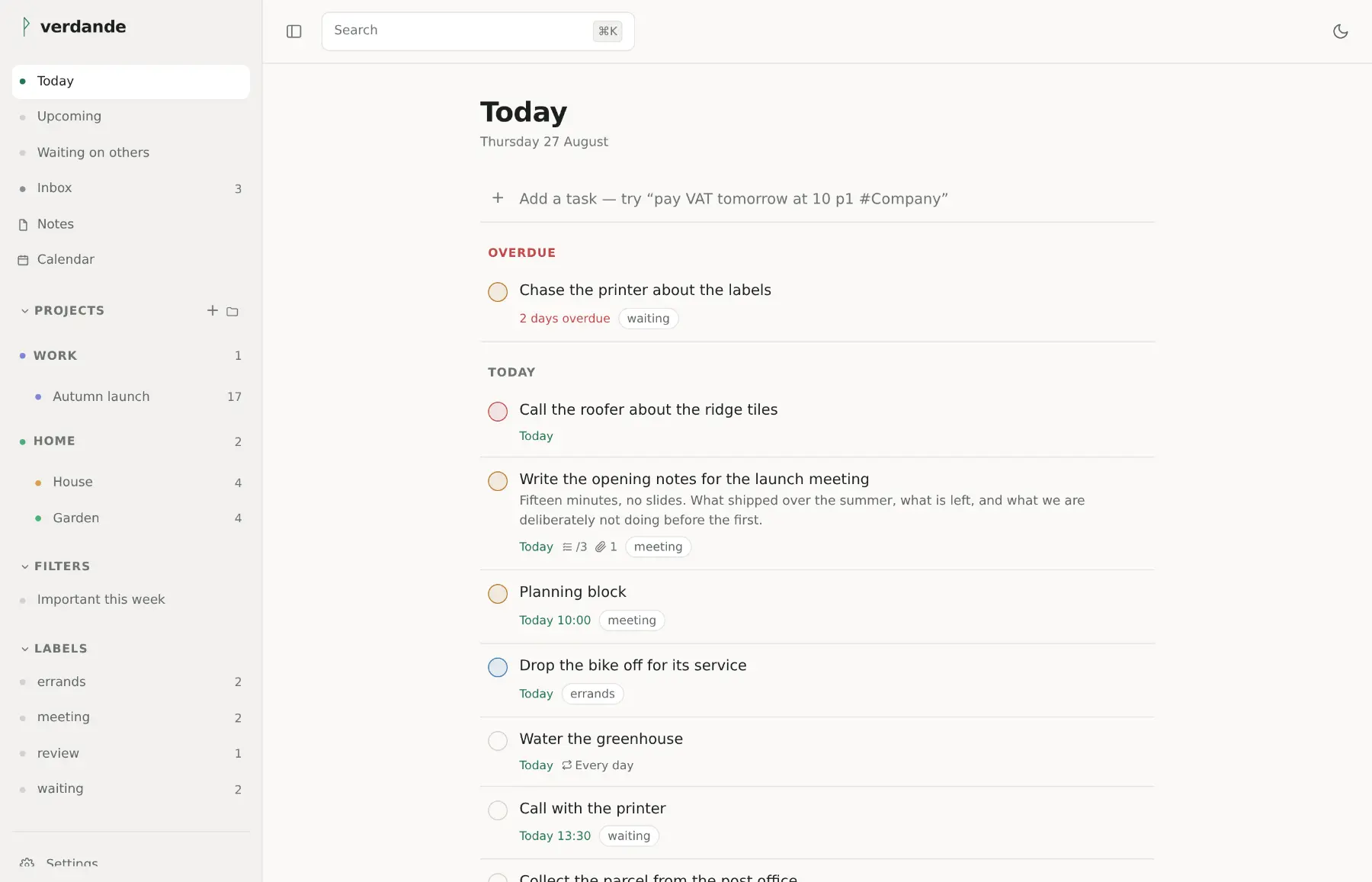 The Today view in the light theme: a sidebar of projects, filters and labels beside a list of tasks due today.