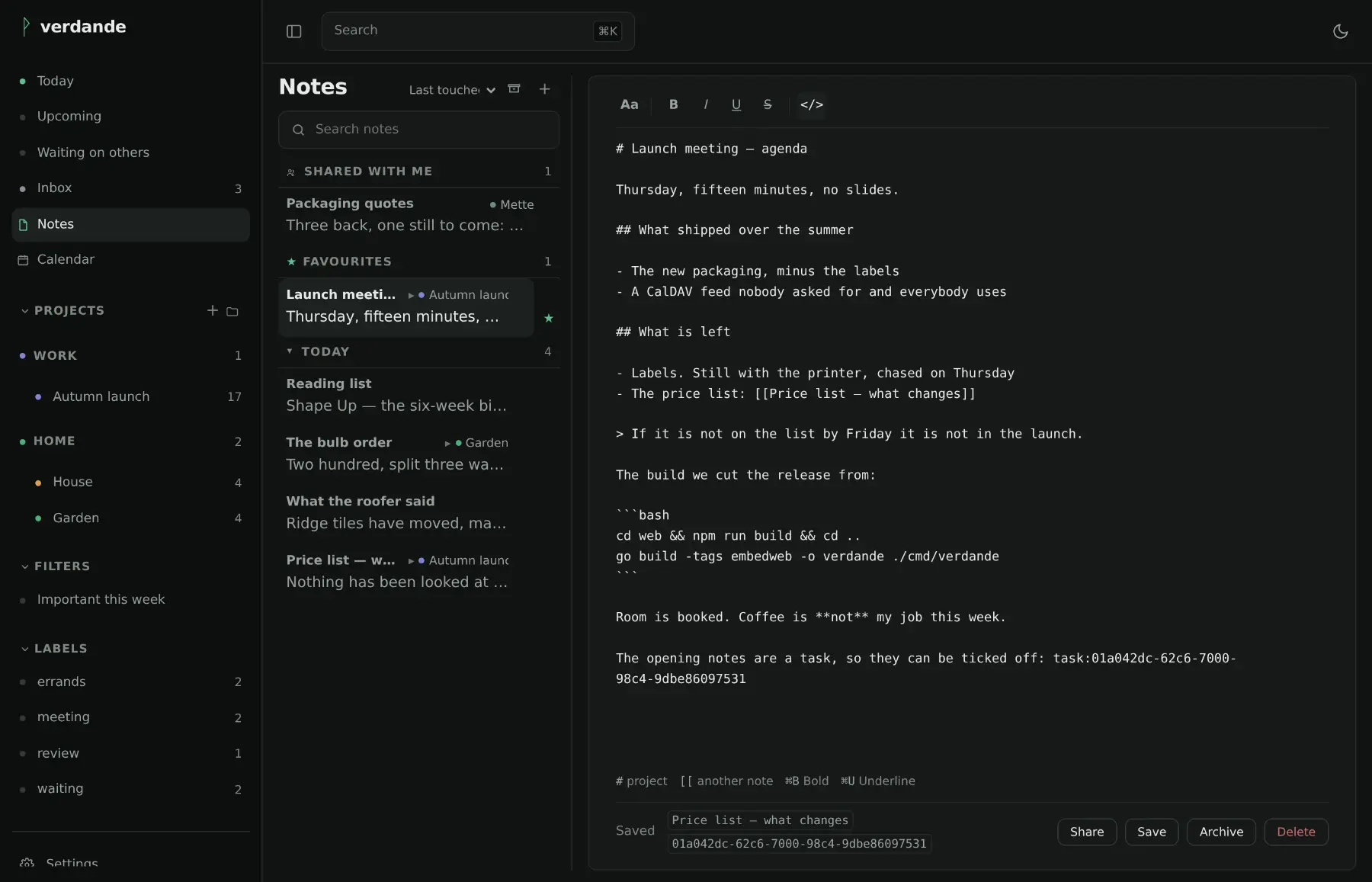 A note with the source view open: the same note as Markdown, with headings, a list, a quotation, a wiki link and a fenced code block.
