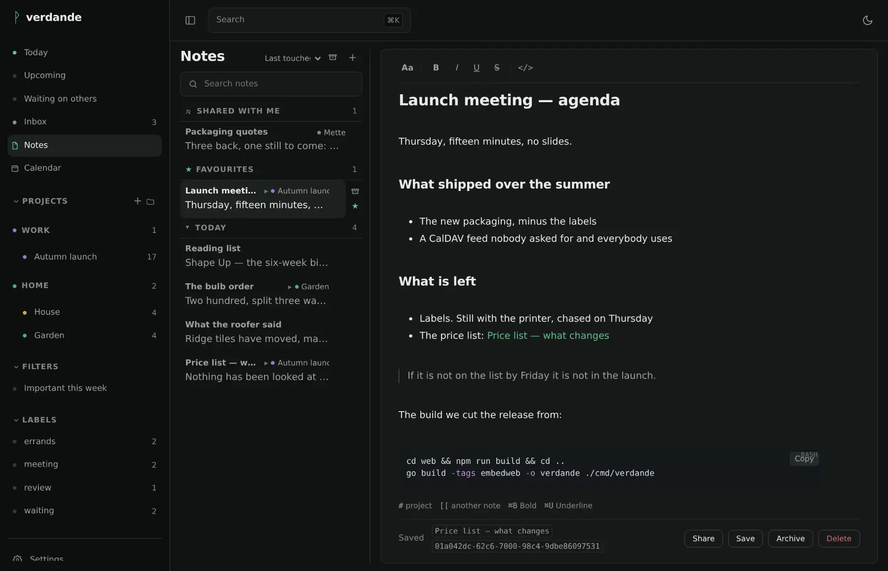 Notes: a list of notes on the left, one open on the right with headings, bullet lists, a quotation and a shell command in a code block.
