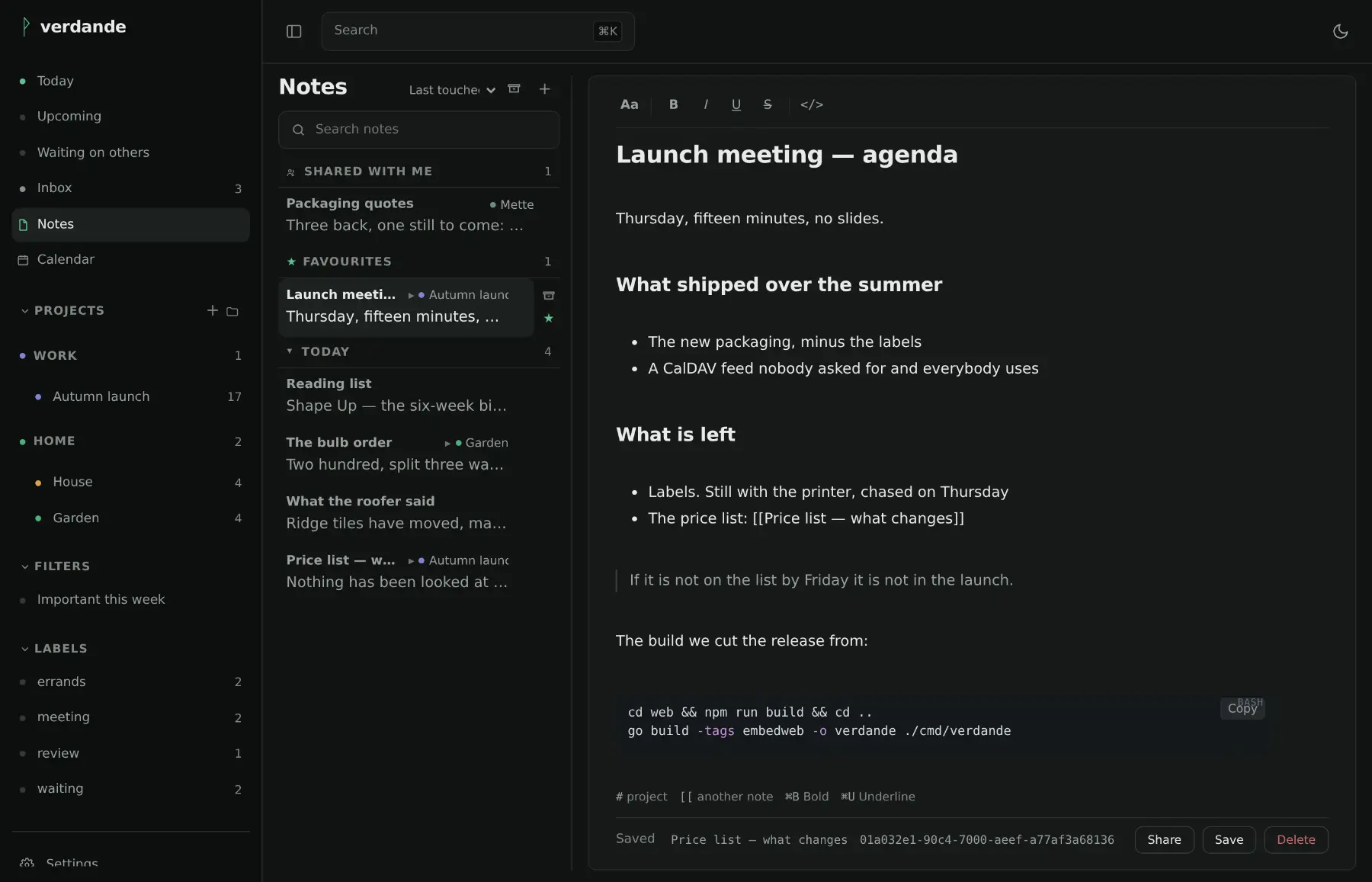 Notes: a list of notes on the left, one open on the right with headings, bullet lists, a quotation and a shell command in a code block.