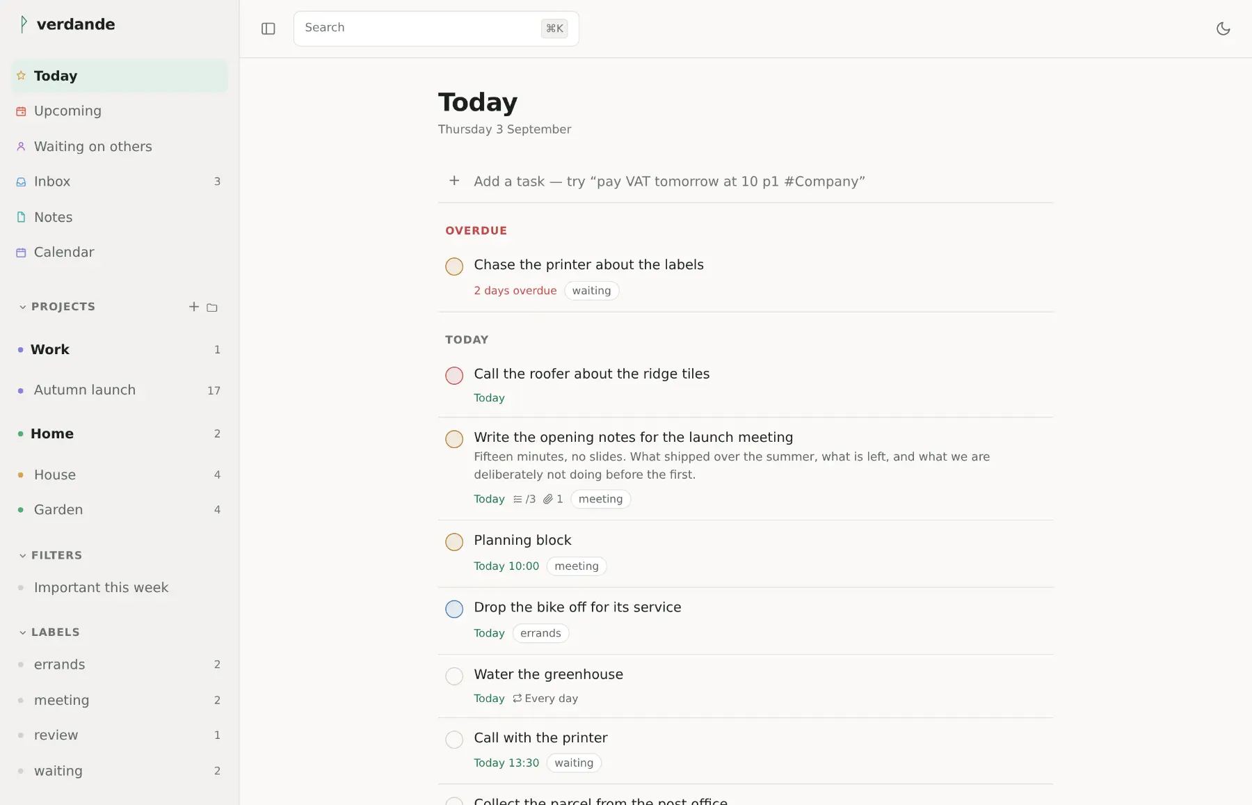 The Today view in the light theme: a sidebar of projects, filters and labels beside a list of tasks due today.