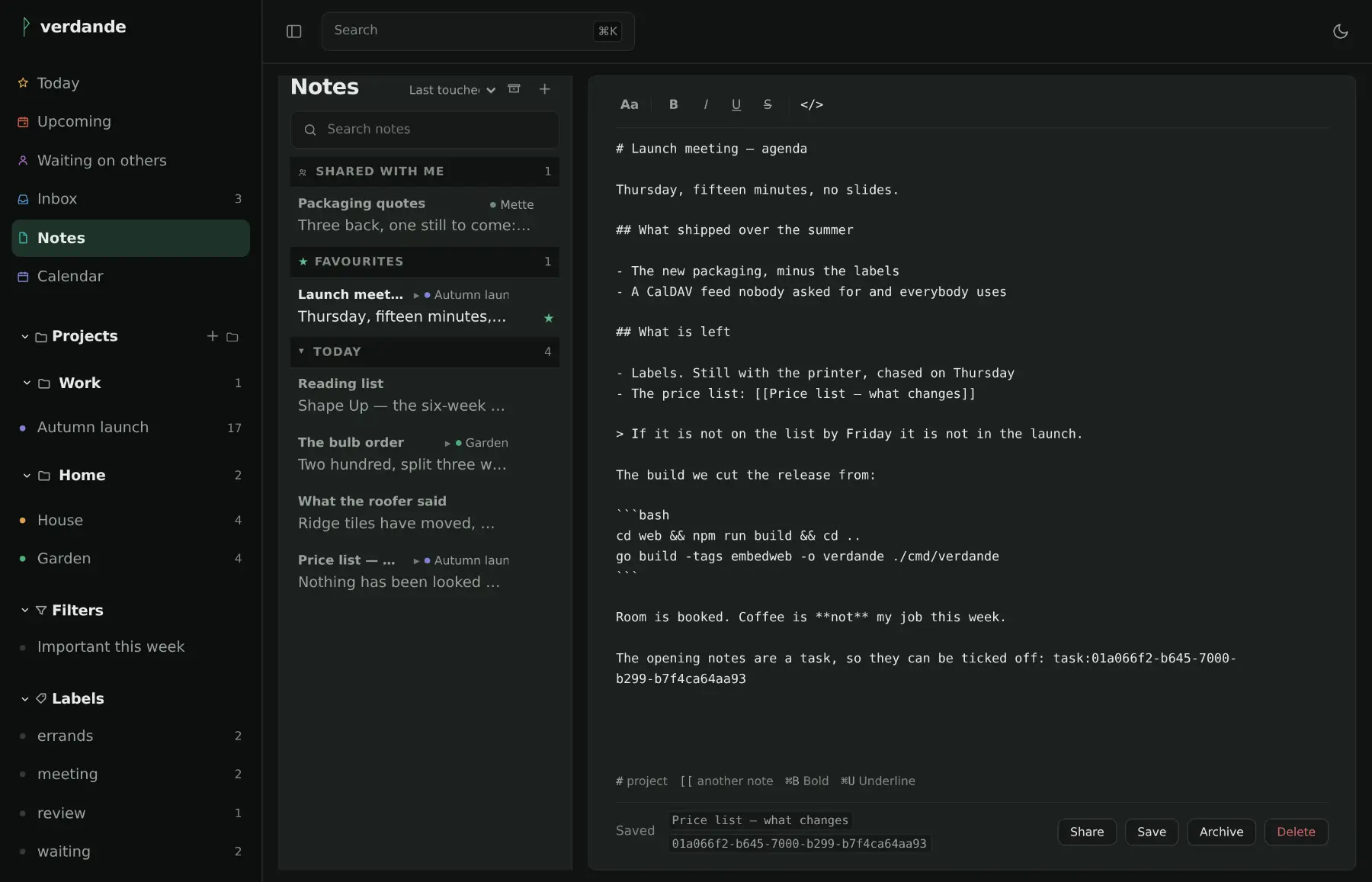 A note with the source view open: the same note as Markdown, with headings, a list, a quotation, a wiki link and a fenced code block.