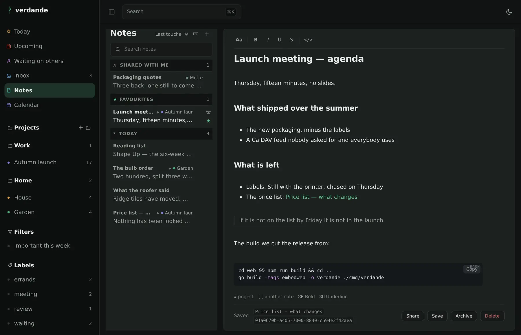 Notes: a list of notes on the left, one open on the right with headings, bullet lists, a quotation and a shell command in a code block.