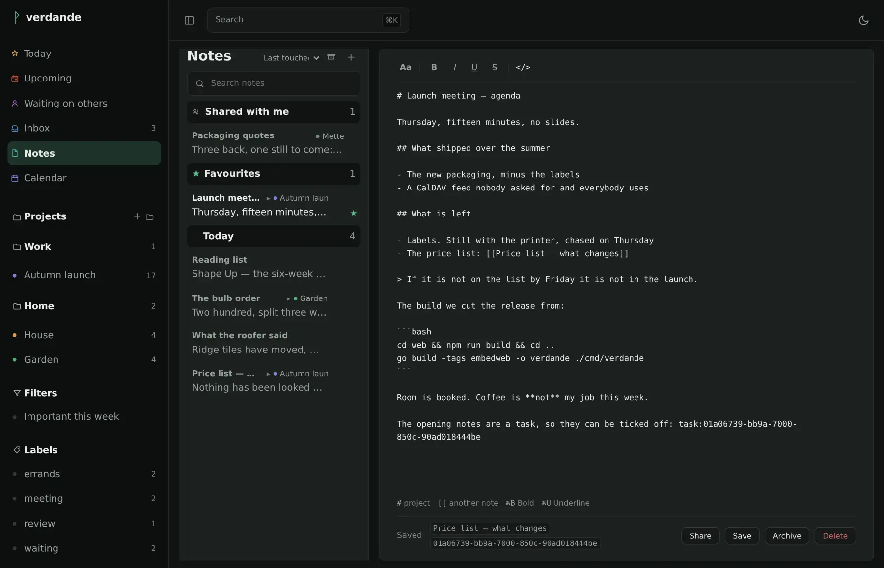 A note with the source view open: the same note as Markdown, with headings, a list, a quotation, a wiki link and a fenced code block.