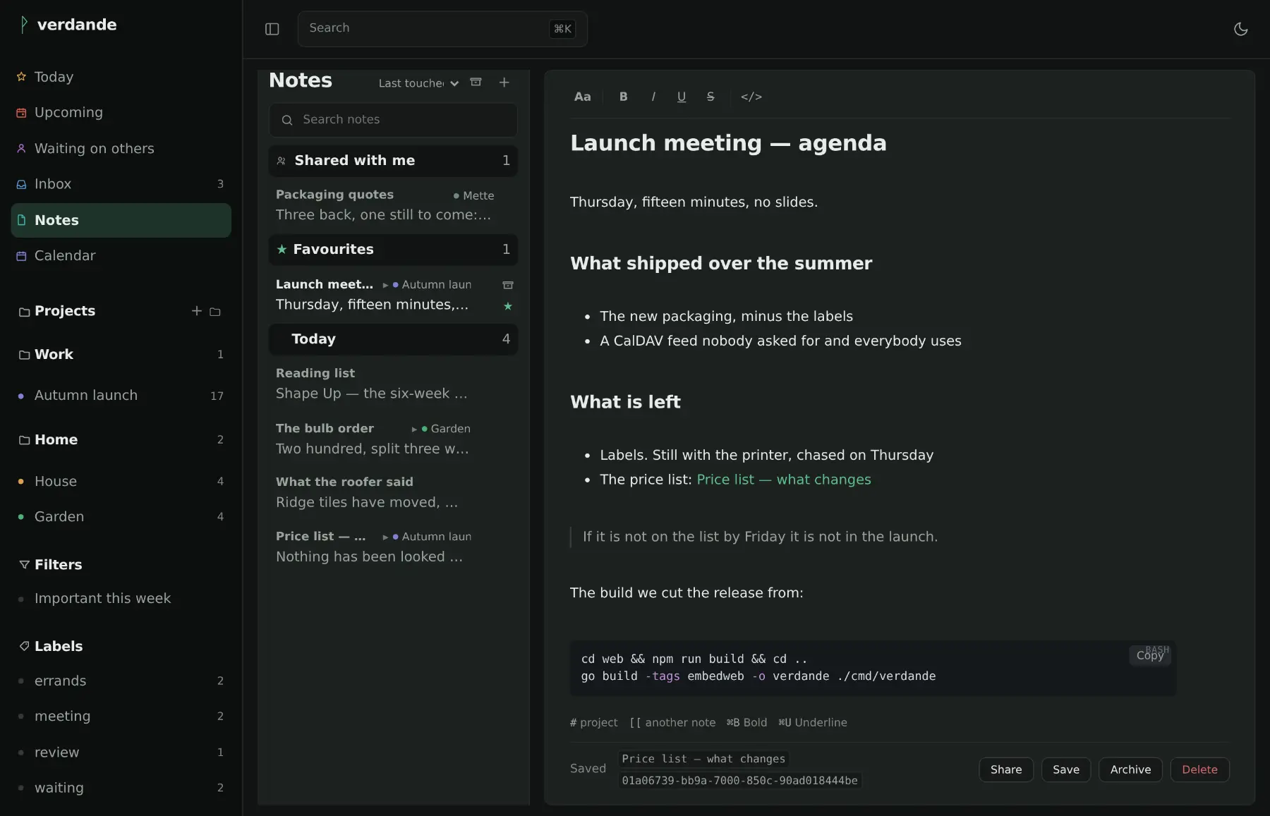 Notes: a list of notes on the left, one open on the right with headings, bullet lists, a quotation and a shell command in a code block.