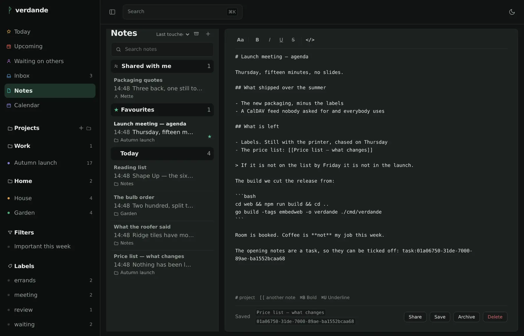 A note with the source view open: the same note as Markdown, with headings, a list, a quotation, a wiki link and a fenced code block.